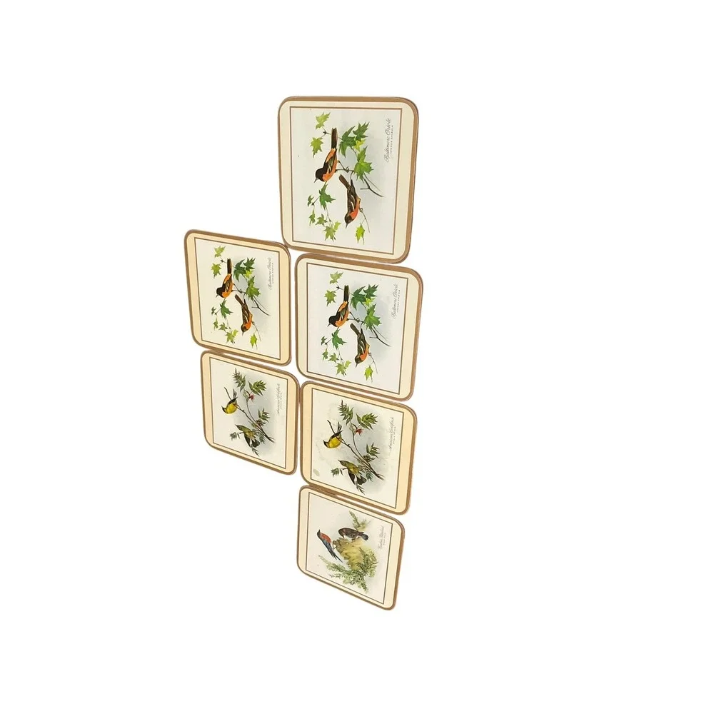 Set Of 6 Vintage English Life Cork Back Coasters Song Birds Satin‎ Finish W/ Box